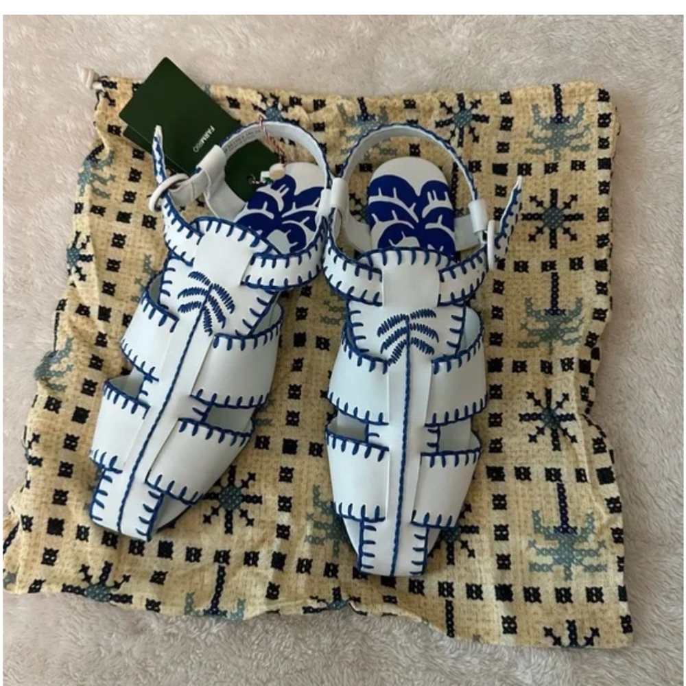 Farm Rio Blue White Embroidered Palm Tree Sandals 8.5 Vegan Whipstitch
